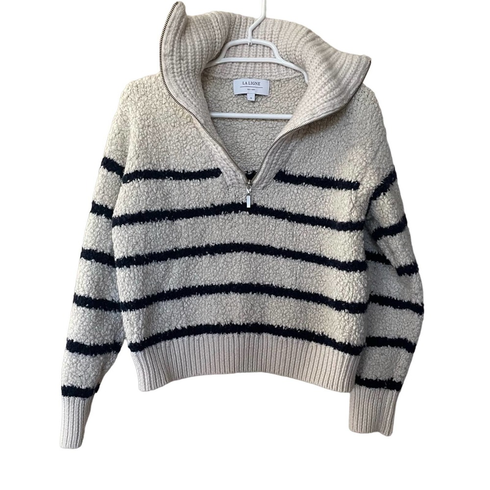 La Ligne Cream and Black Striped Half-Zip Pullover Sweater